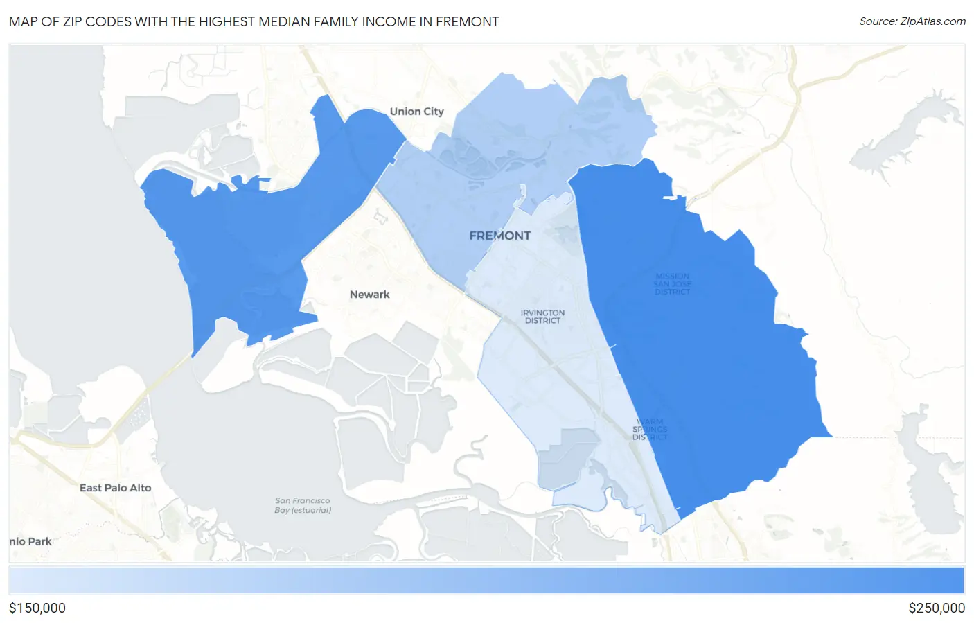 Zip Codes with the Highest Median Family Income in Fremont Map