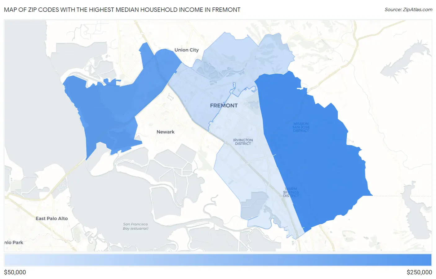 Zip Codes with the Highest Median Household Income in Fremont Map