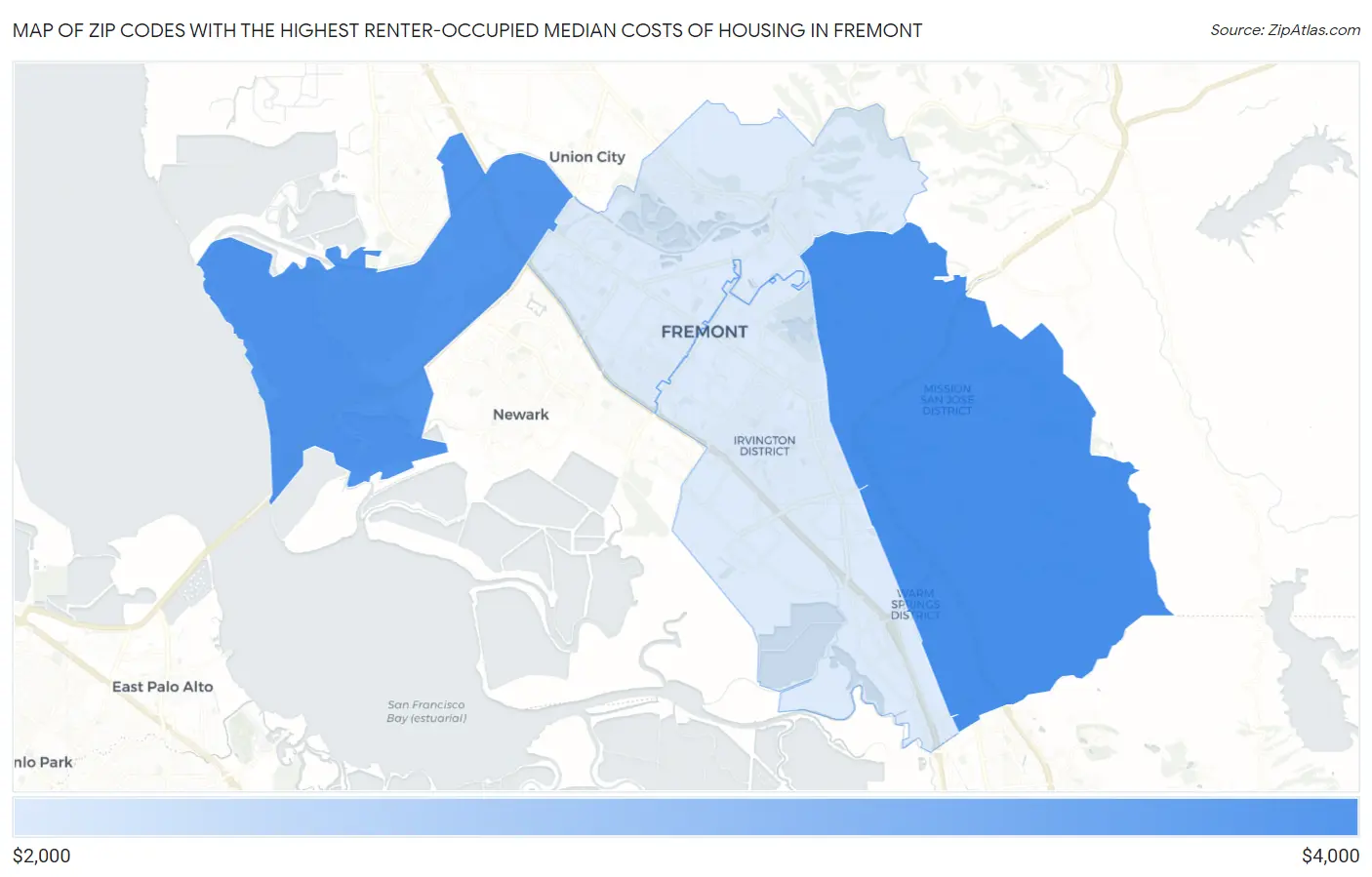 Zip Codes with the Highest Renter-Occupied Median Costs of Housing in Fremont Map