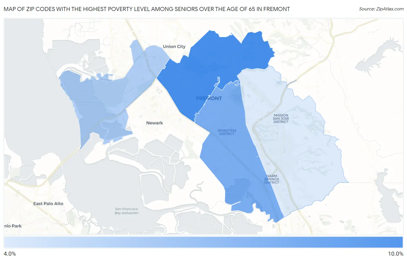Zip Codes with the Highest Poverty Level Among Seniors Over the Age of 65 in Fremont Map