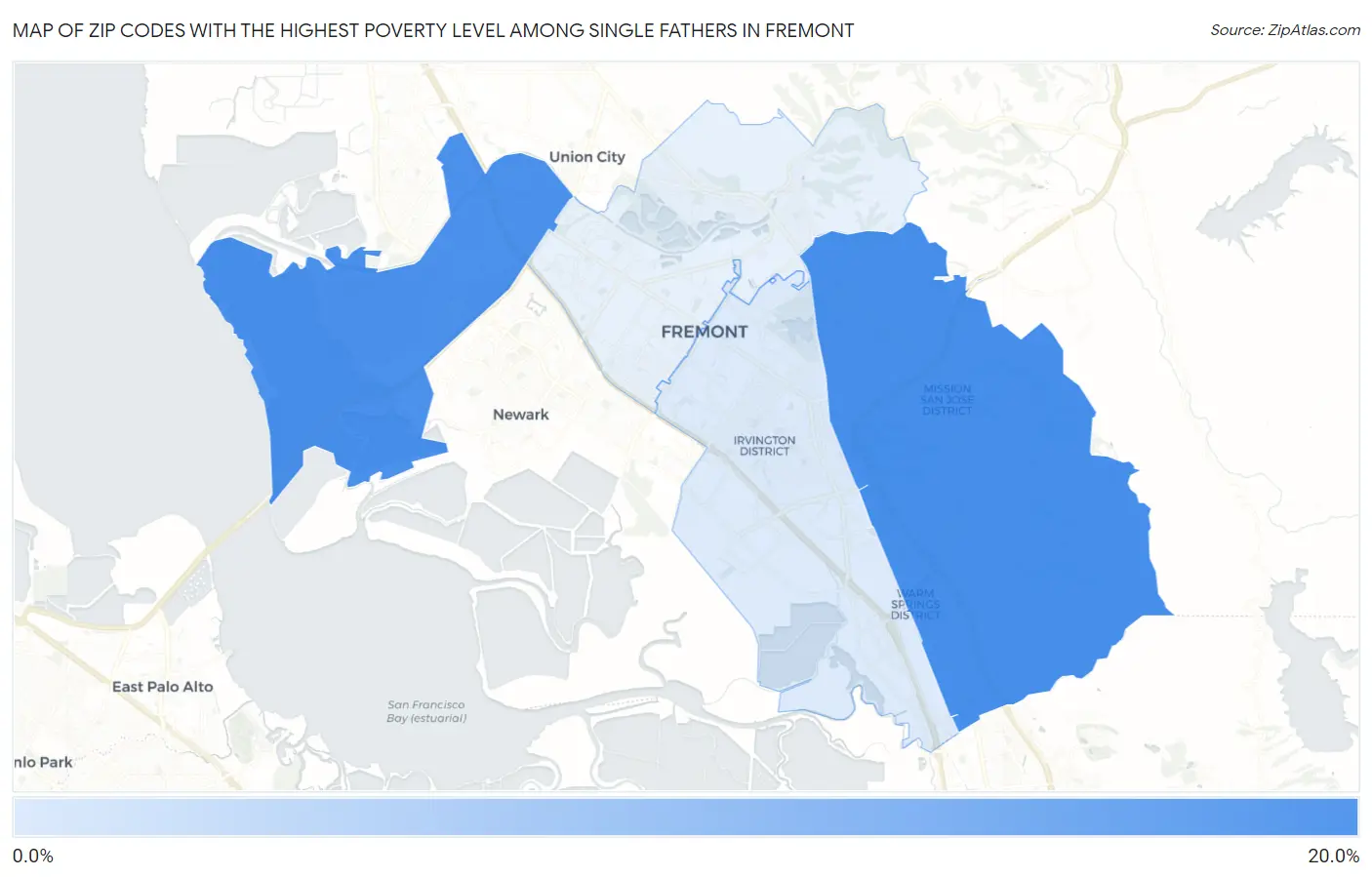 Zip Codes with the Highest Poverty Level Among Single Fathers in Fremont Map