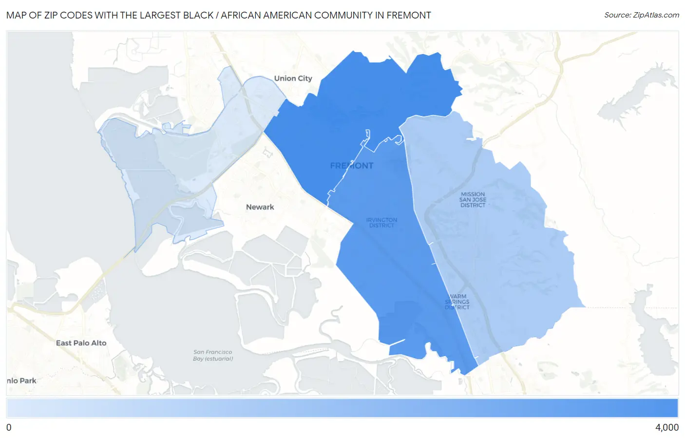 Zip Codes with the Largest Black / African American Community in Fremont Map