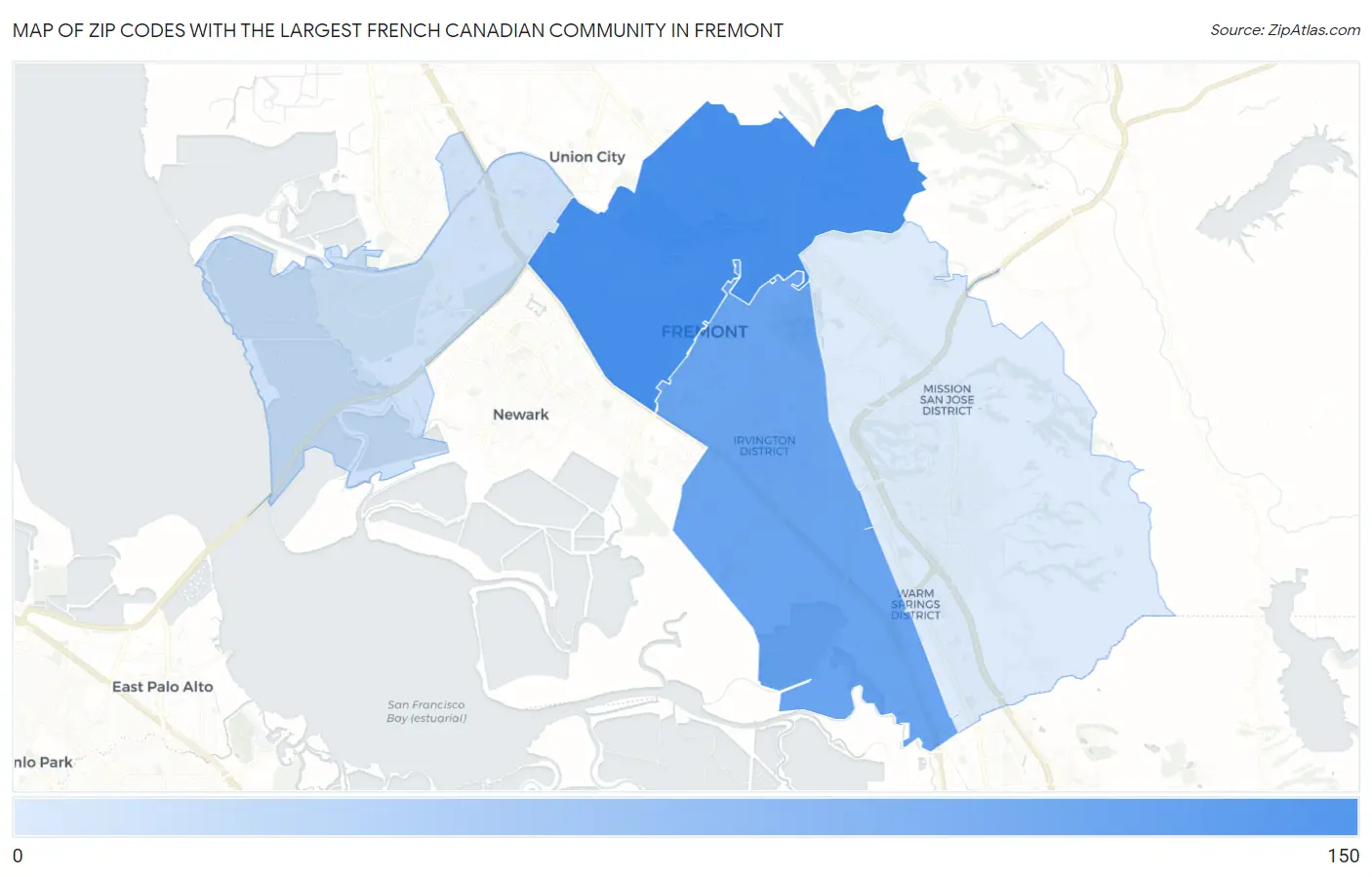 Zip Codes with the Largest French Canadian Community in Fremont Map