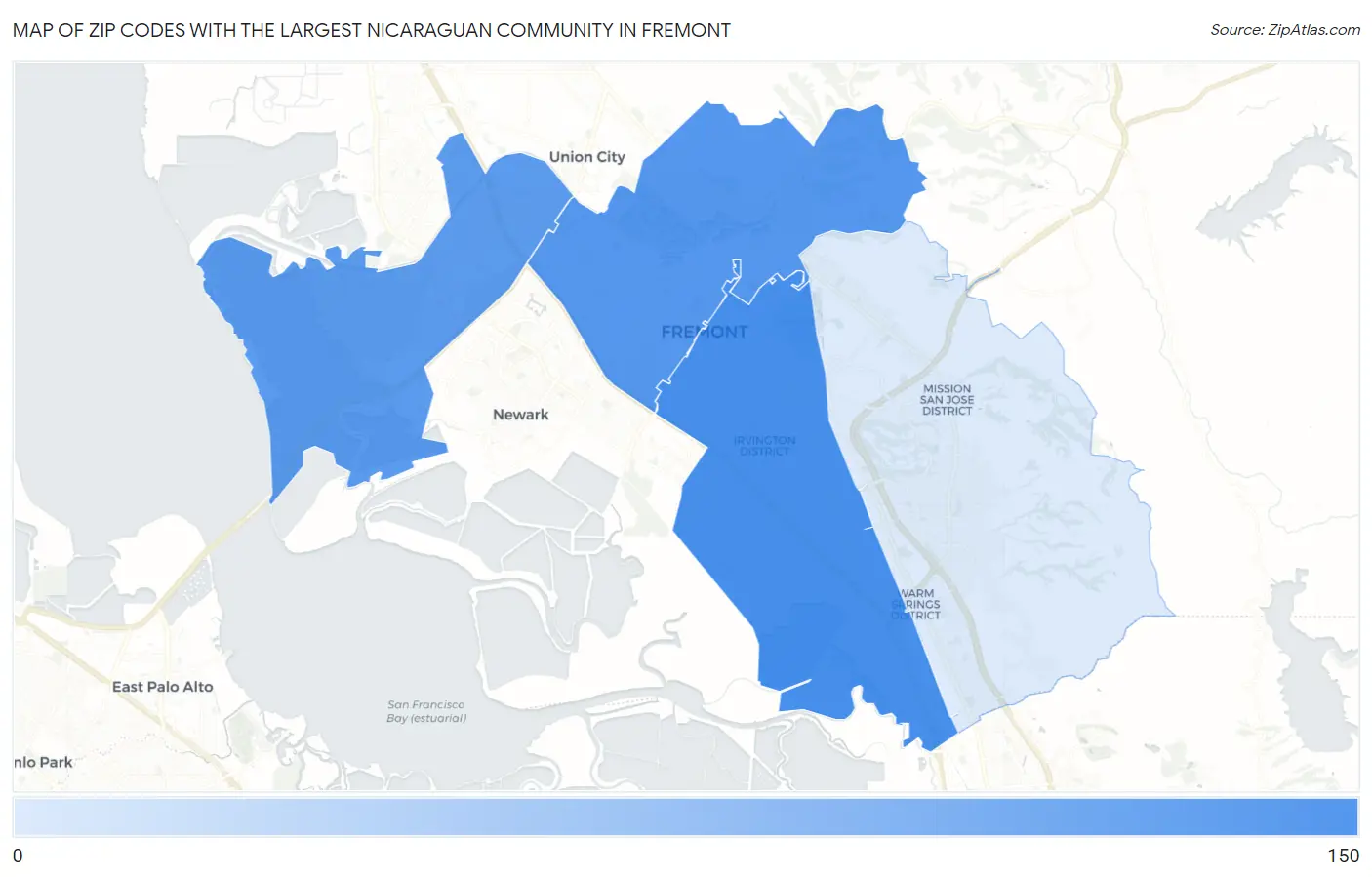 Zip Codes with the Largest Nicaraguan Community in Fremont Map