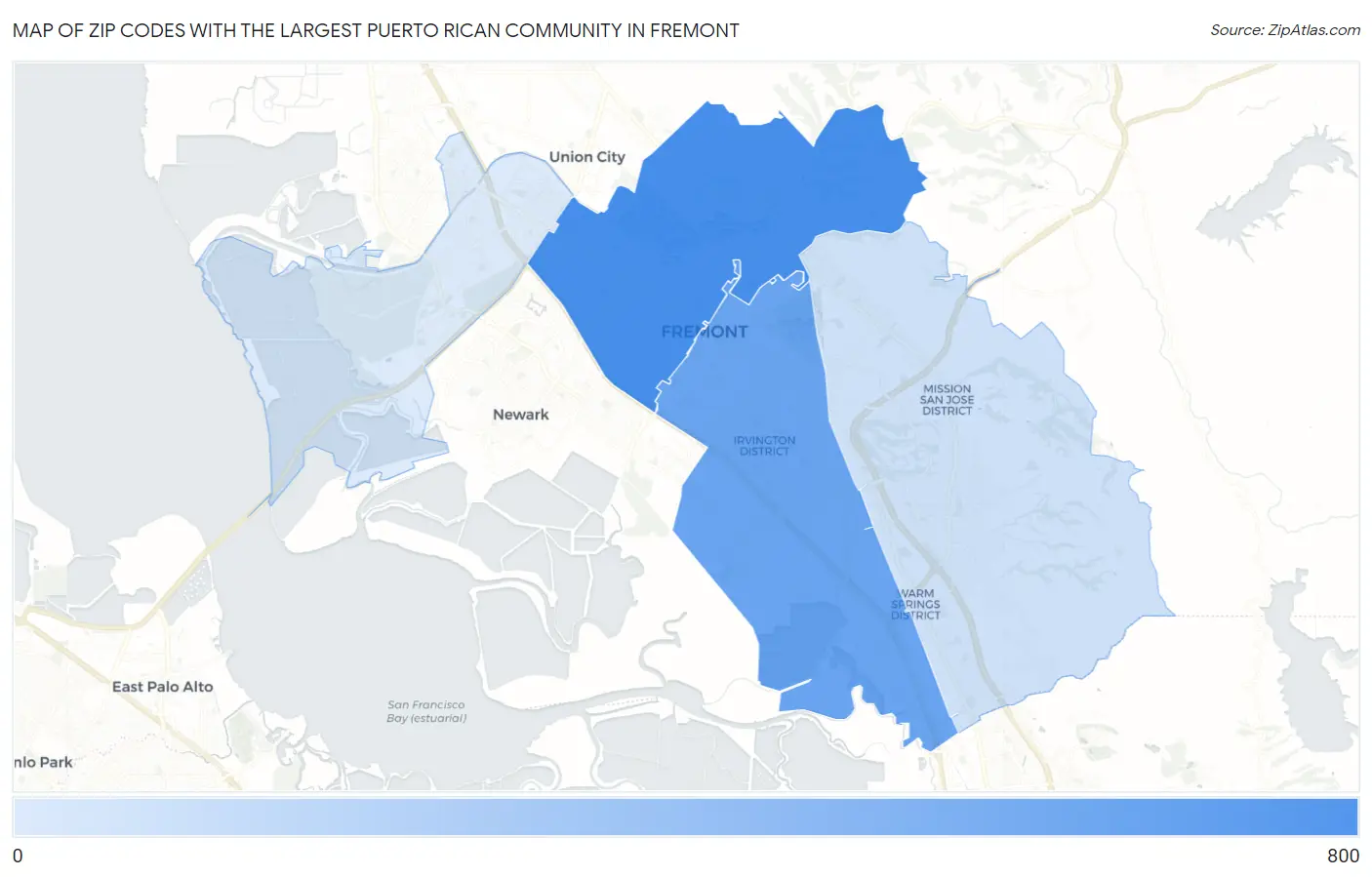 Zip Codes with the Largest Puerto Rican Community in Fremont Map