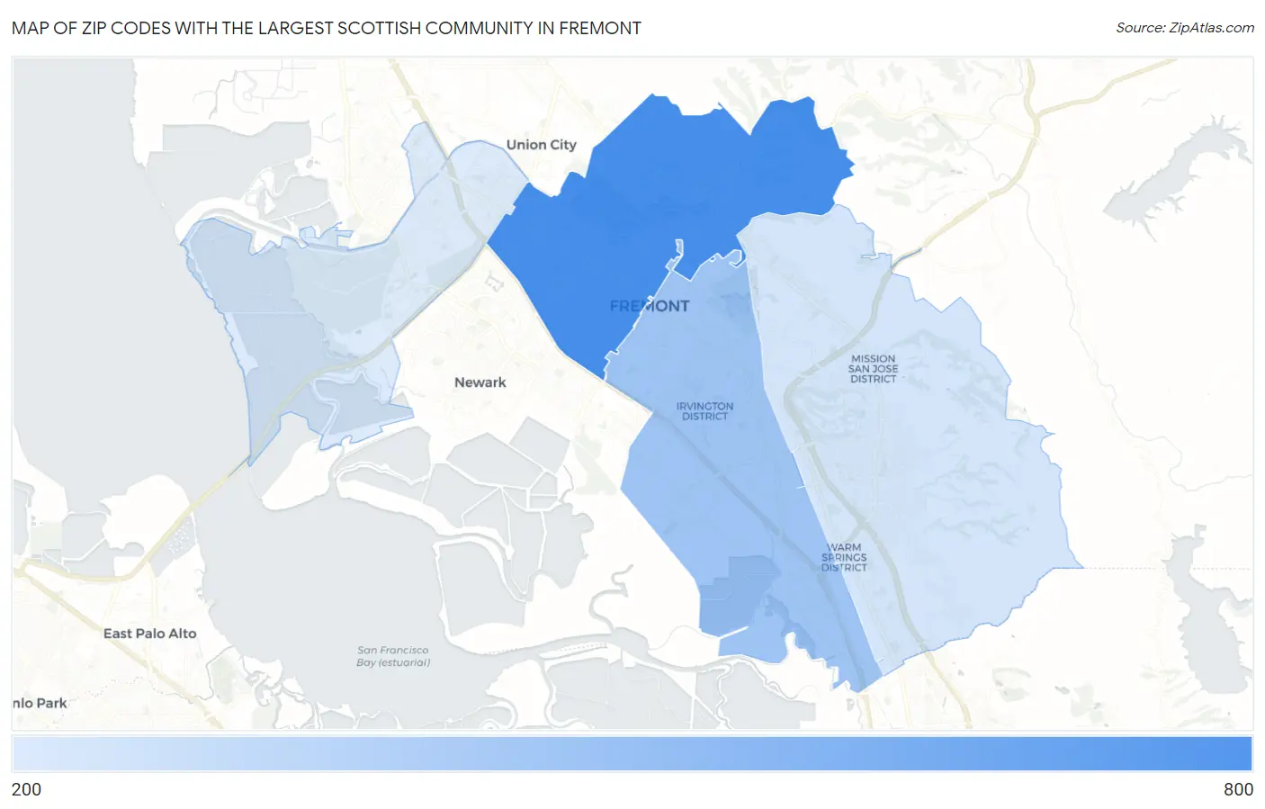 Zip Codes with the Largest Scottish Community in Fremont Map