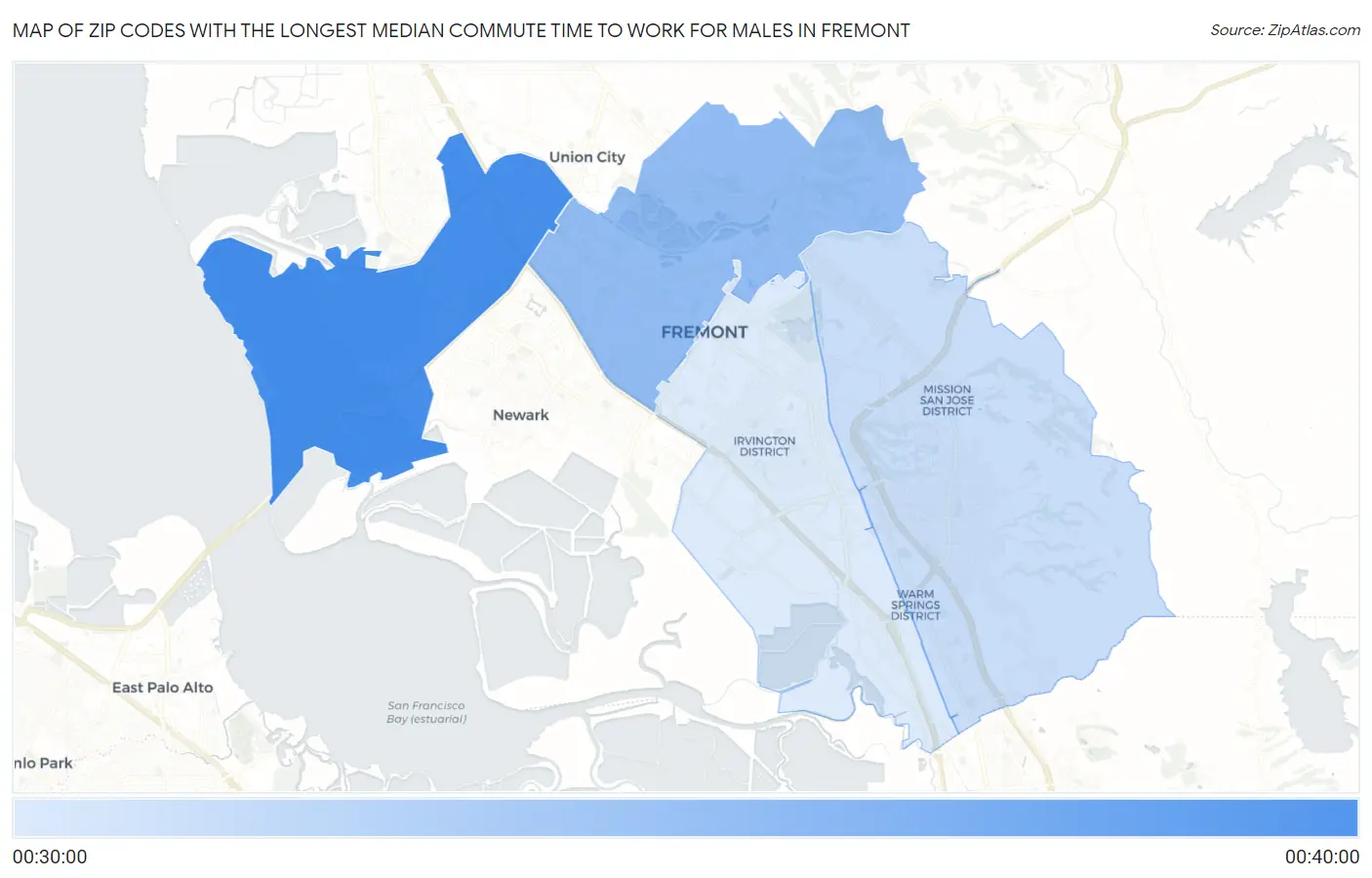 Zip Codes with the Longest Median Commute Time to Work for Males in Fremont Map