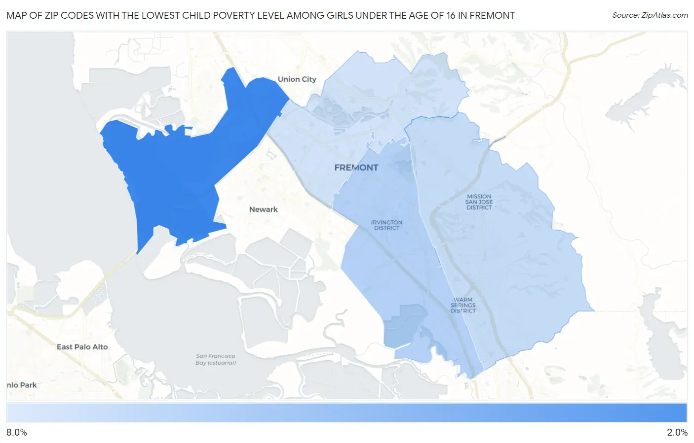 Zip Codes with the Lowest Child Poverty Level Among Girls Under the Age of 16 in Fremont Map