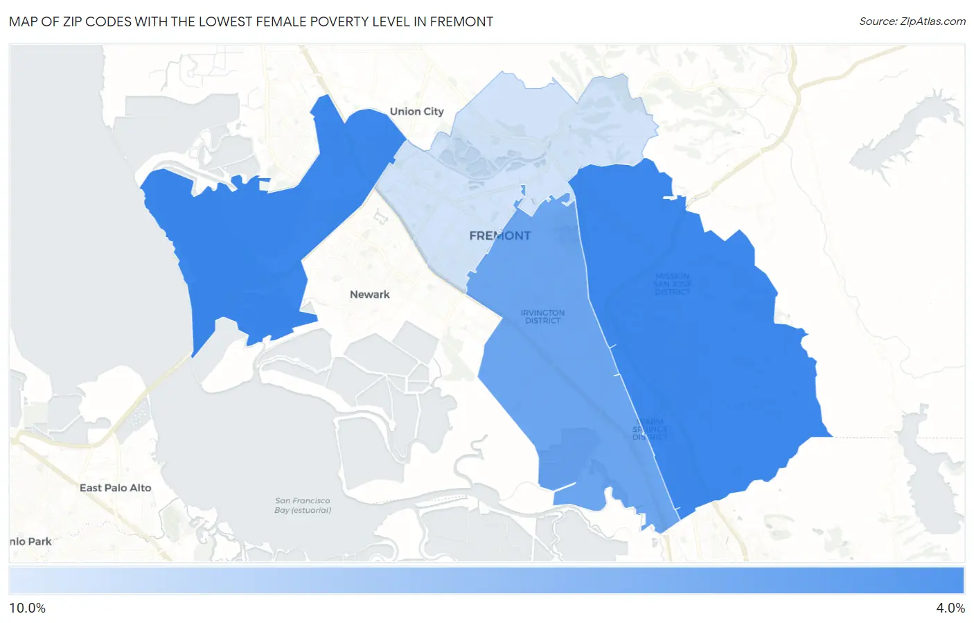 Zip Codes with the Lowest Female Poverty Level in Fremont Map