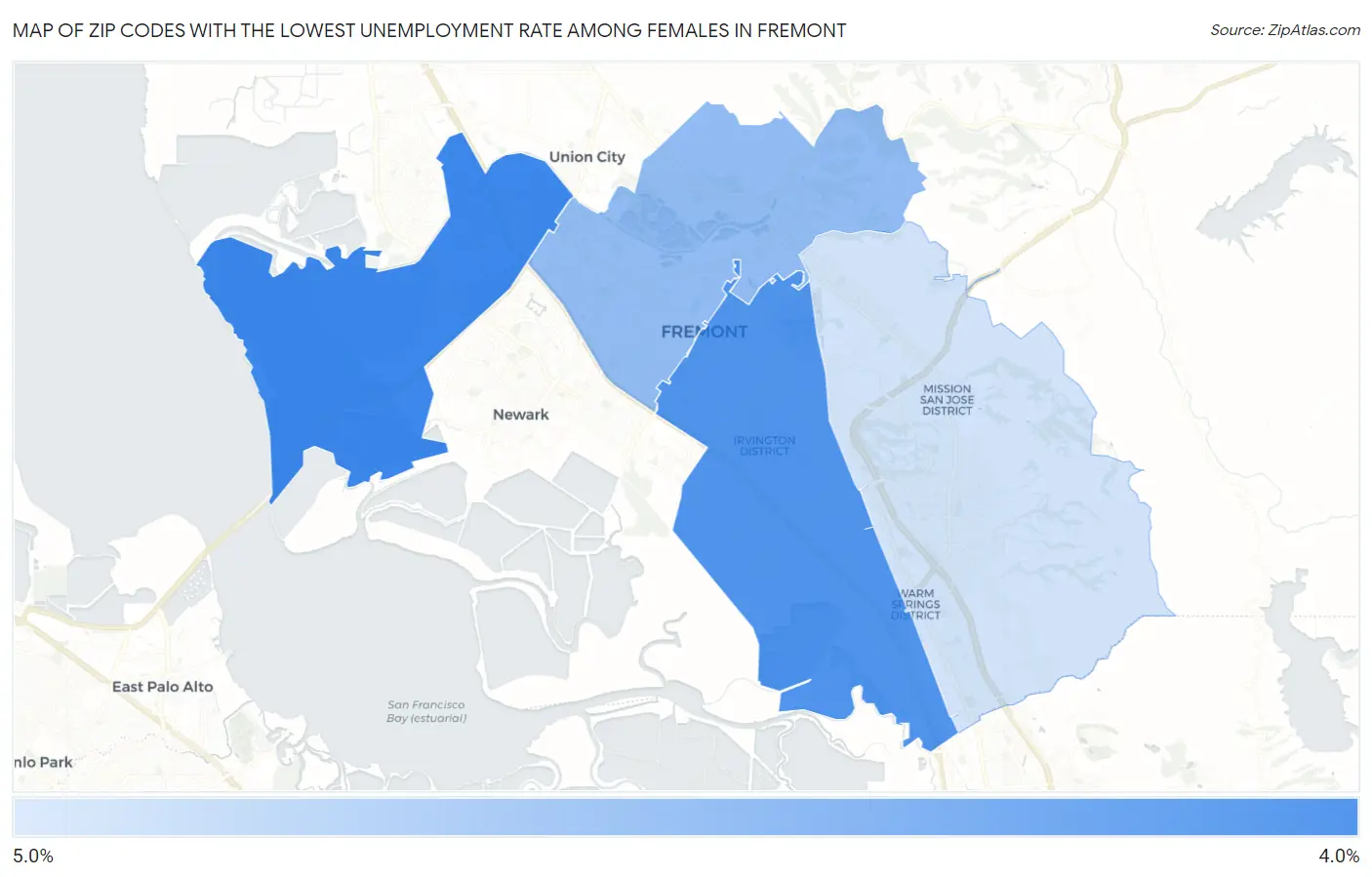 Zip Codes with the Lowest Unemployment Rate Among Females in Fremont Map
