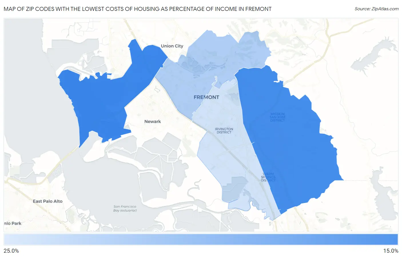 Zip Codes with the Lowest Costs of Housing as Percentage of Income in Fremont Map