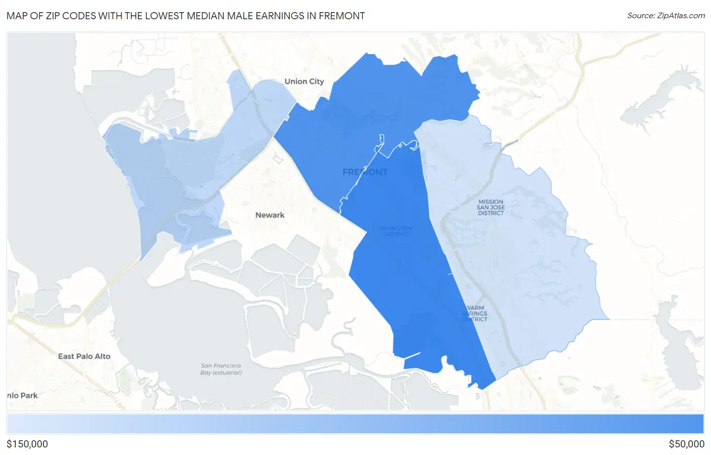 Zip Codes with the Lowest Median Male Earnings in Fremont Map
