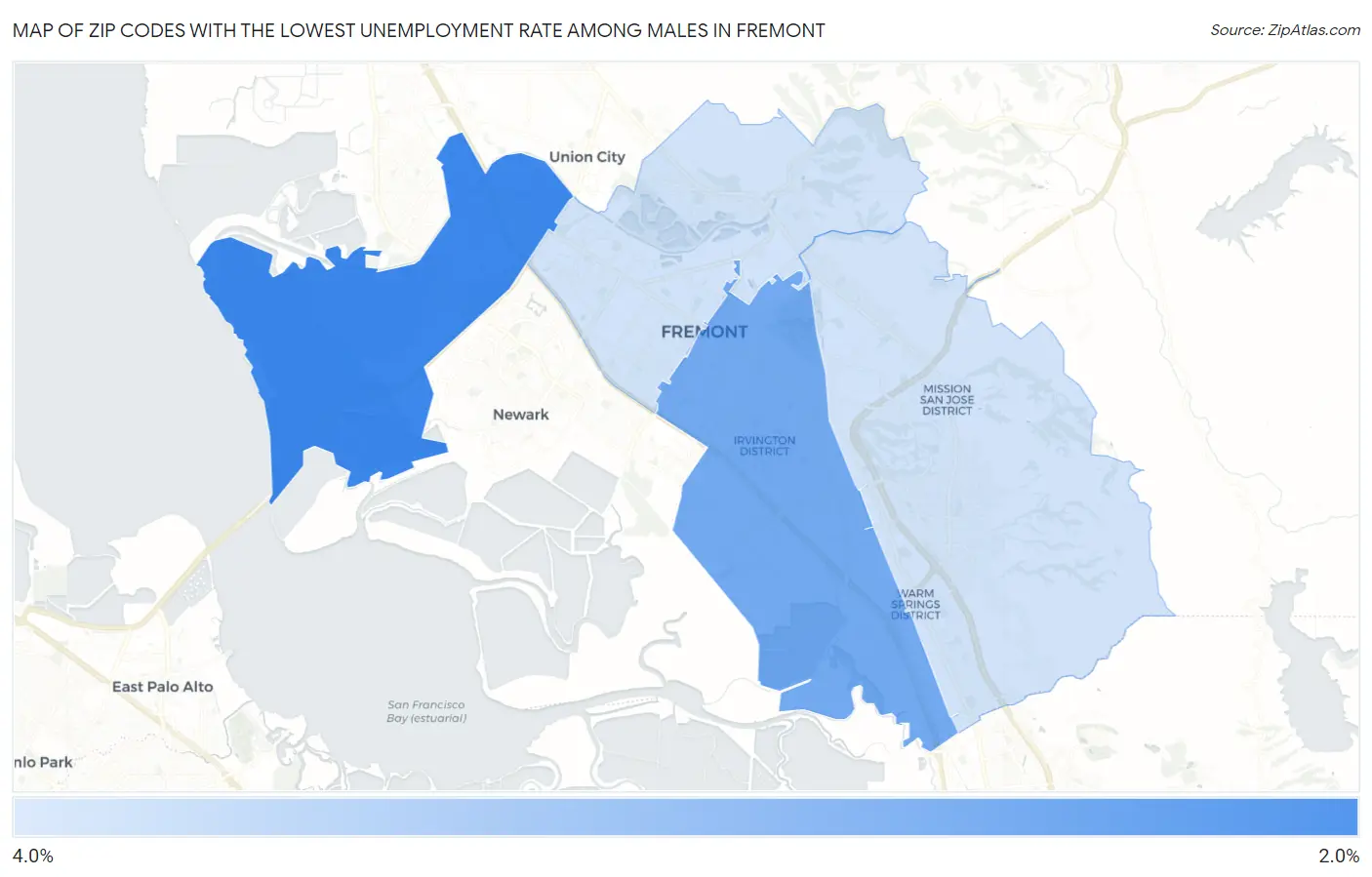 Zip Codes with the Lowest Unemployment Rate Among Males in Fremont Map
