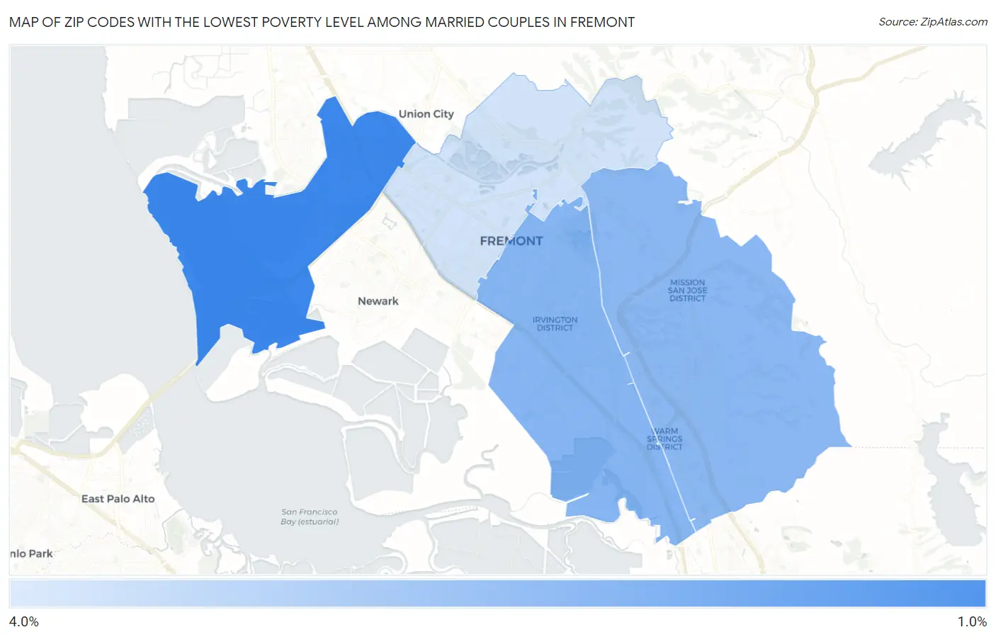Zip Codes with the Lowest Poverty Level Among Married Couples in Fremont Map