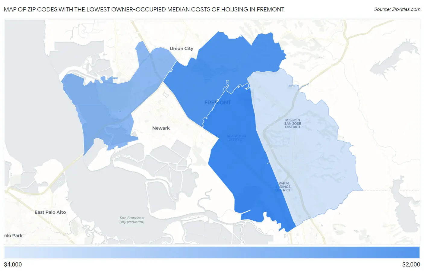 Zip Codes with the Lowest Owner-Occupied Median Costs of Housing in Fremont Map