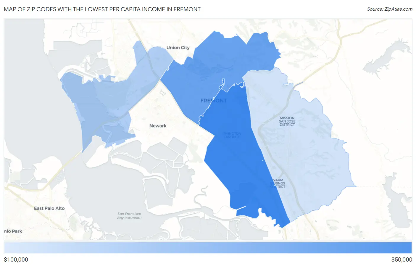 Zip Codes with the Lowest Per Capita Income in Fremont Map