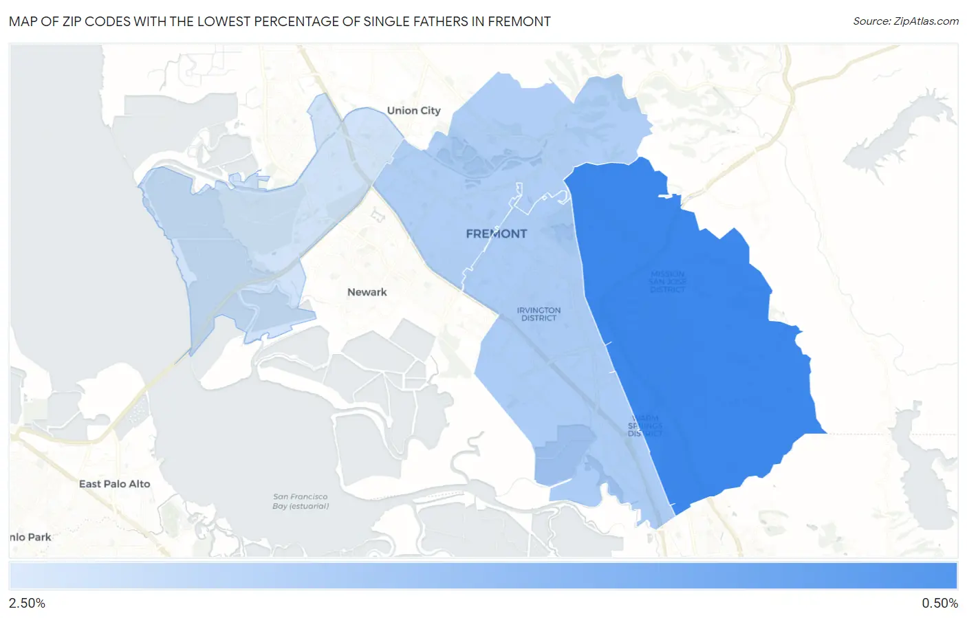 Zip Codes with the Lowest Percentage of Single Fathers in Fremont Map