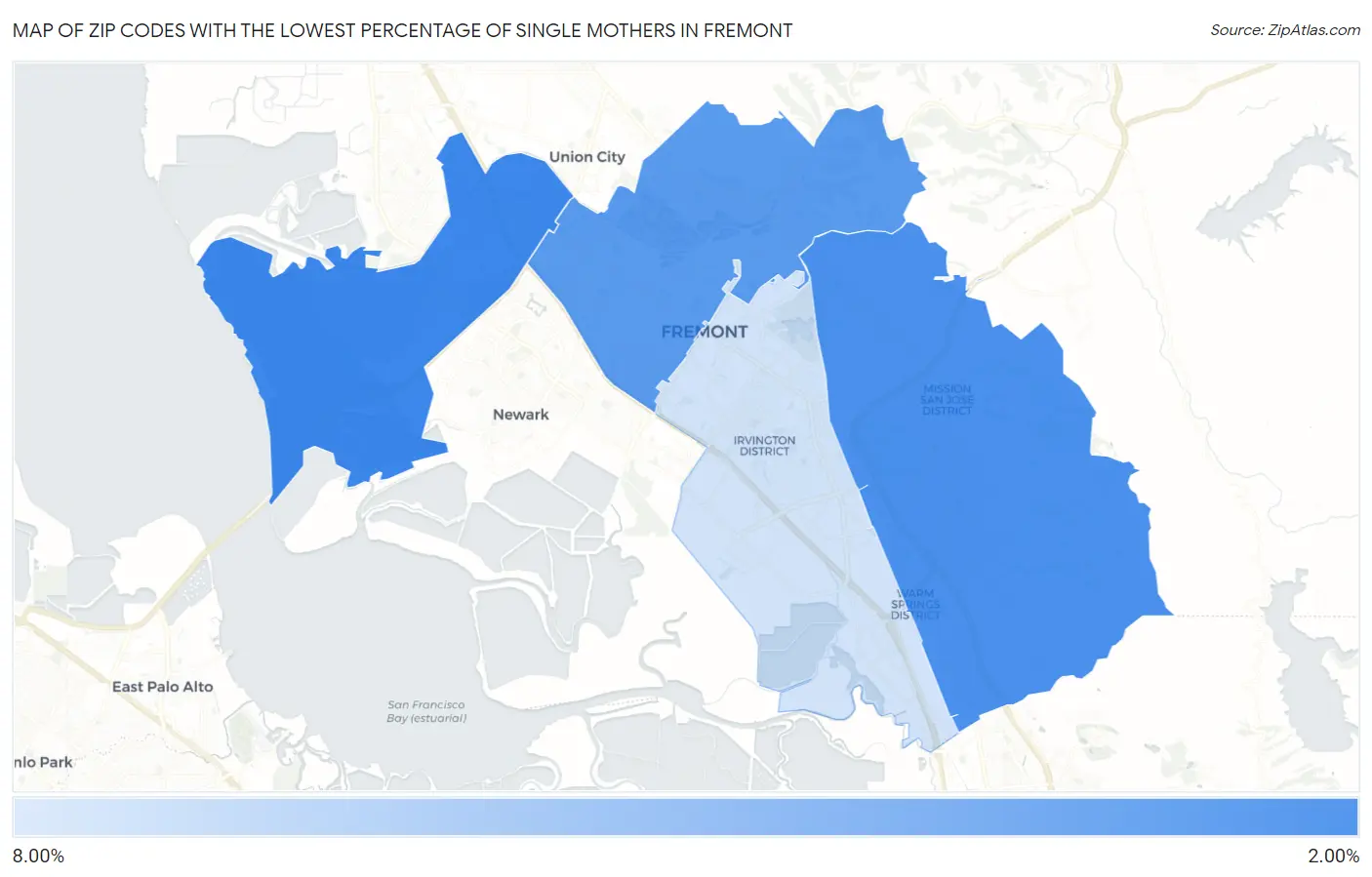 Zip Codes with the Lowest Percentage of Single Mothers in Fremont Map