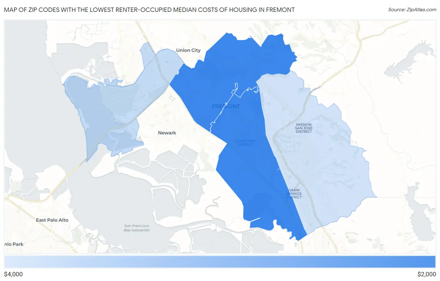 Zip Codes with the Lowest Renter-Occupied Median Costs of Housing in Fremont Map