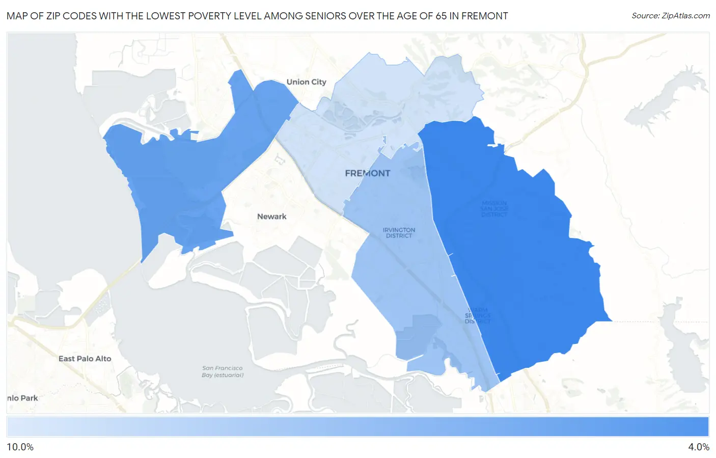 Zip Codes with the Lowest Poverty Level Among Seniors Over the Age of 65 in Fremont Map