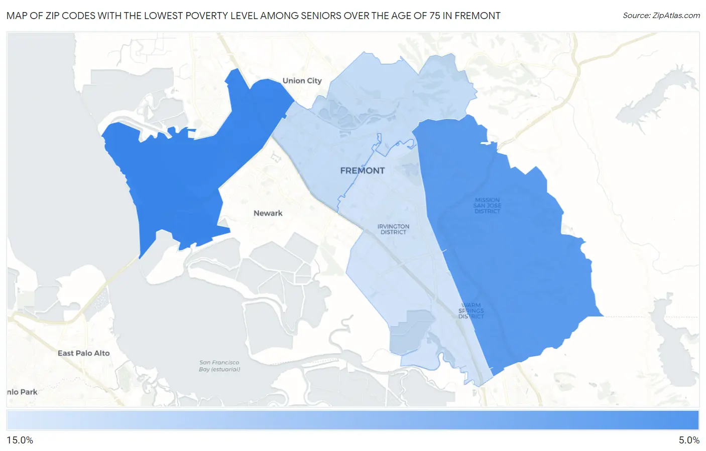 Zip Codes with the Lowest Poverty Level Among Seniors Over the Age of 75 in Fremont Map