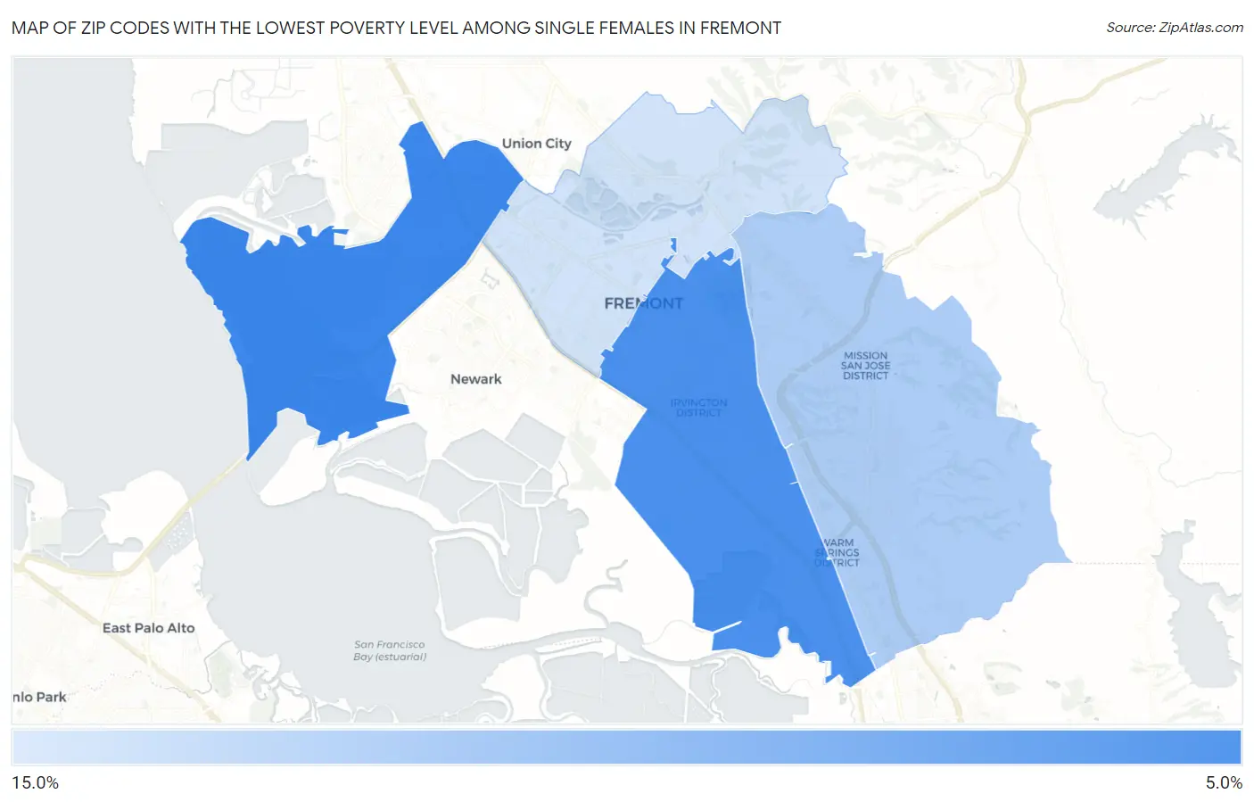 Zip Codes with the Lowest Poverty Level Among Single Females in Fremont Map