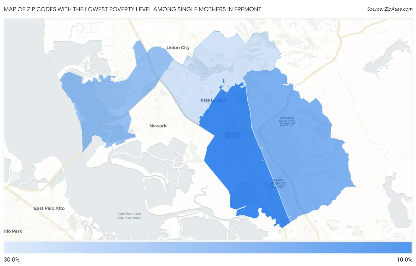 Zip Codes with the Lowest Poverty Level Among Single Mothers in Fremont Map