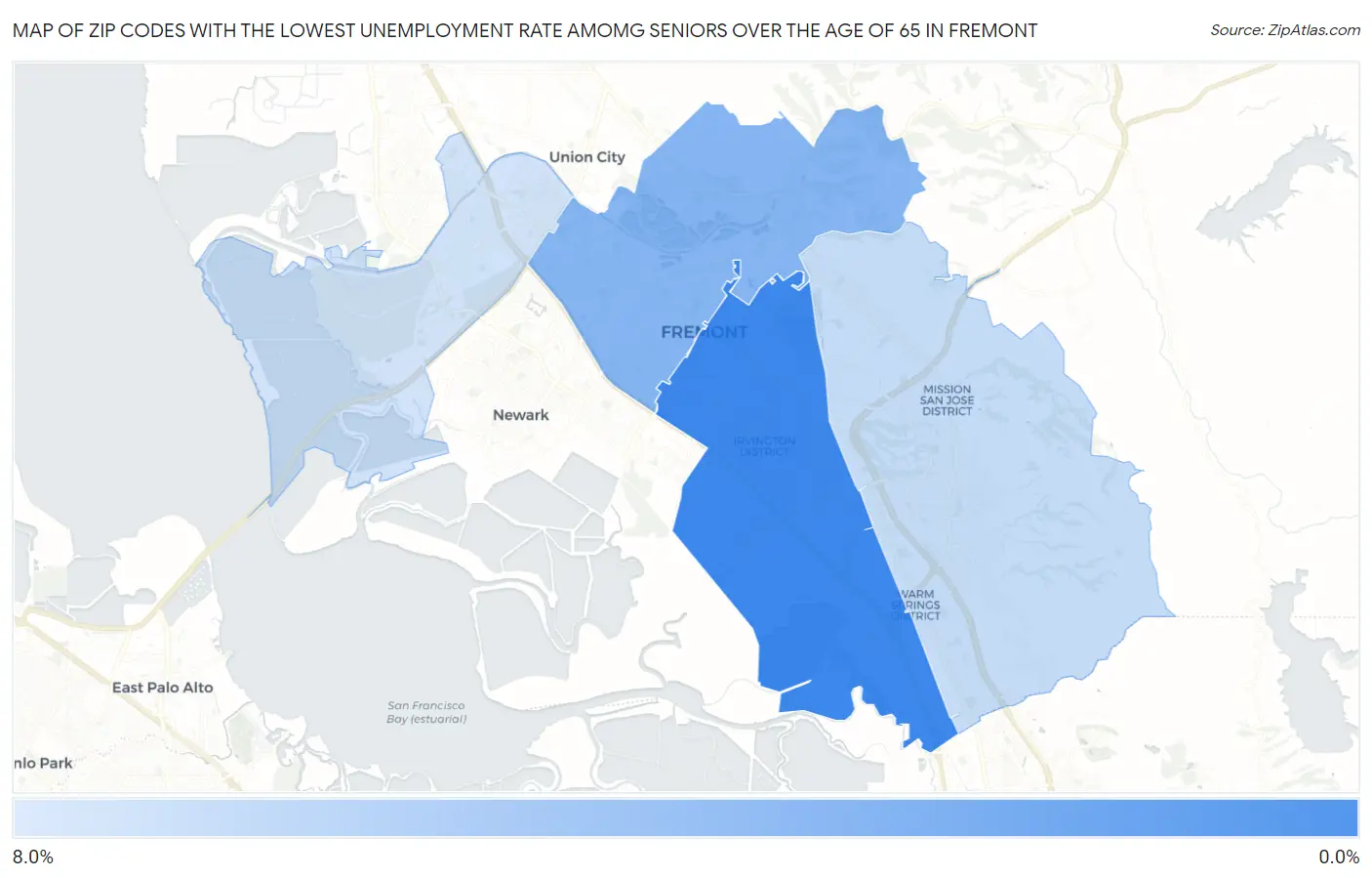 Zip Codes with the Lowest Unemployment Rate Amomg Seniors Over the Age of 65 in Fremont Map