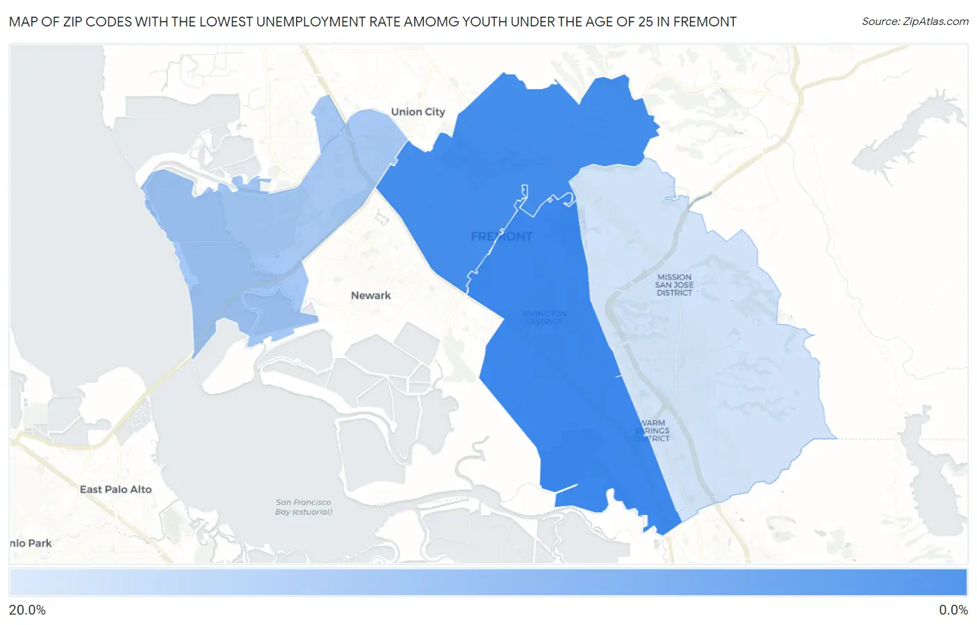 Zip Codes with the Lowest Unemployment Rate Amomg Youth Under the Age of 25 in Fremont Map