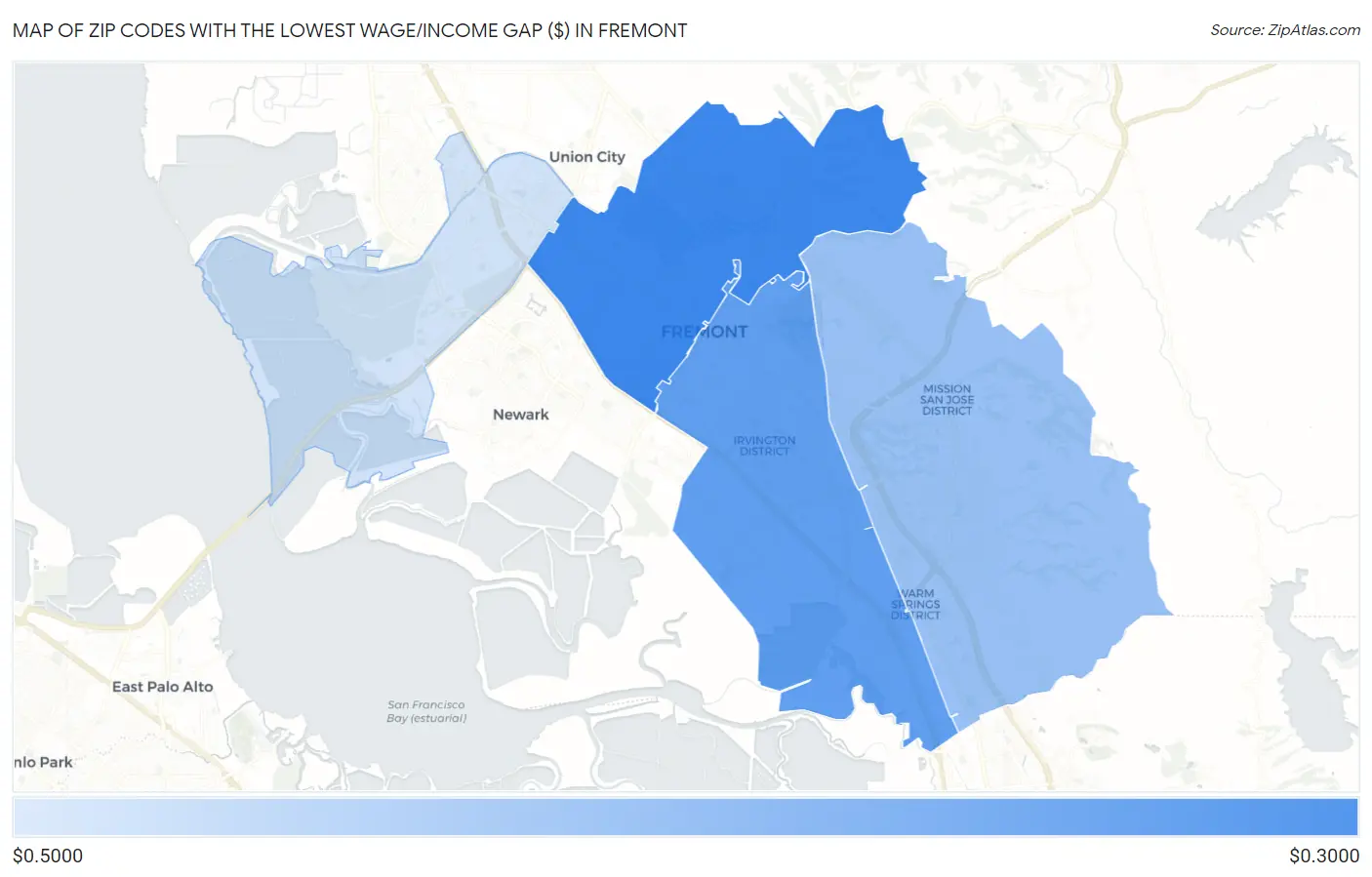 Zip Codes with the Lowest Wage/Income Gap ($) in Fremont Map