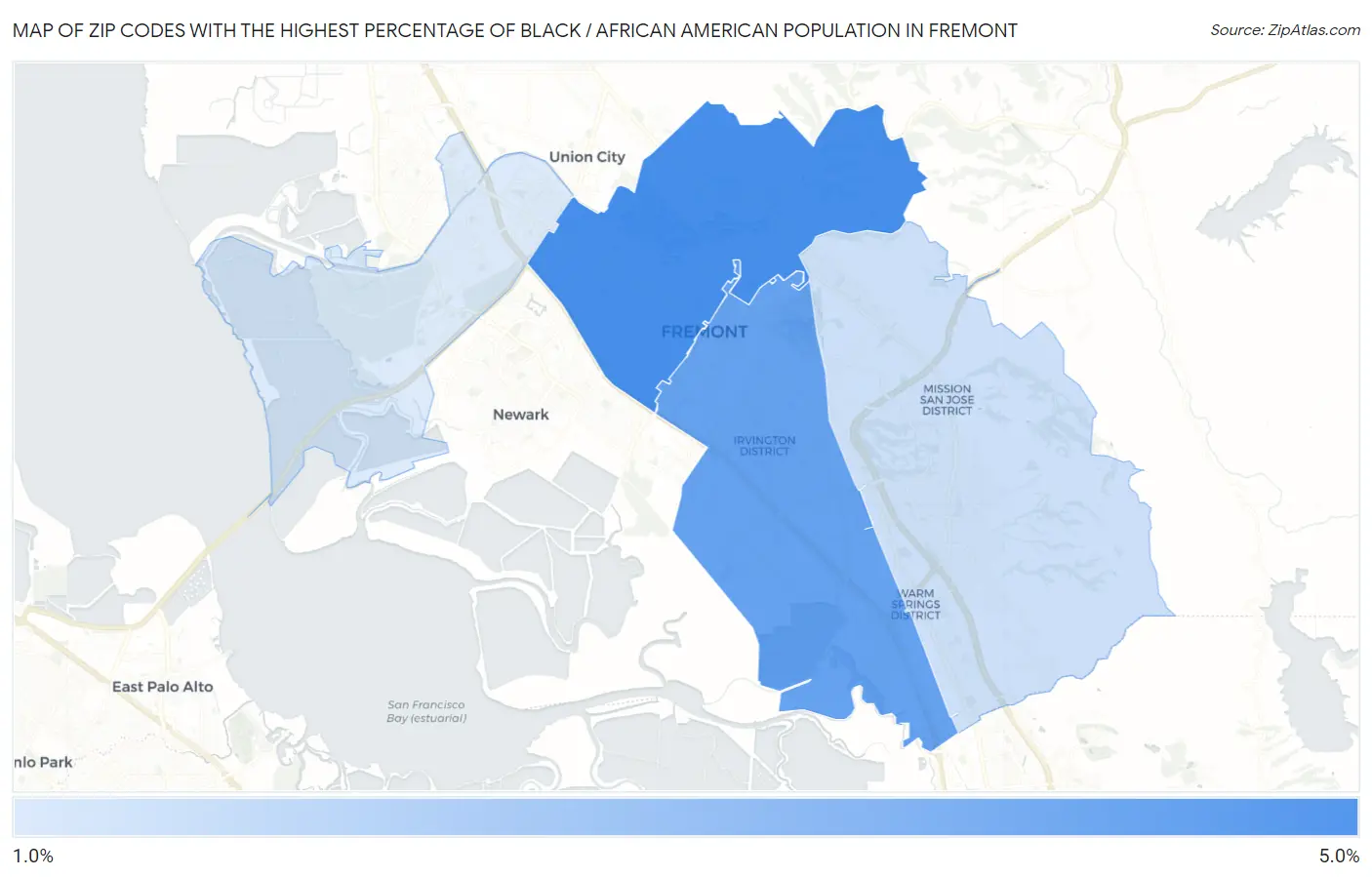 Zip Codes with the Highest Percentage of Black / African American Population in Fremont Map