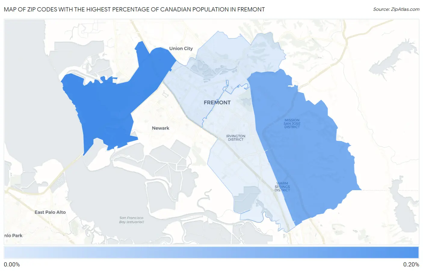 Zip Codes with the Highest Percentage of Canadian Population in Fremont Map