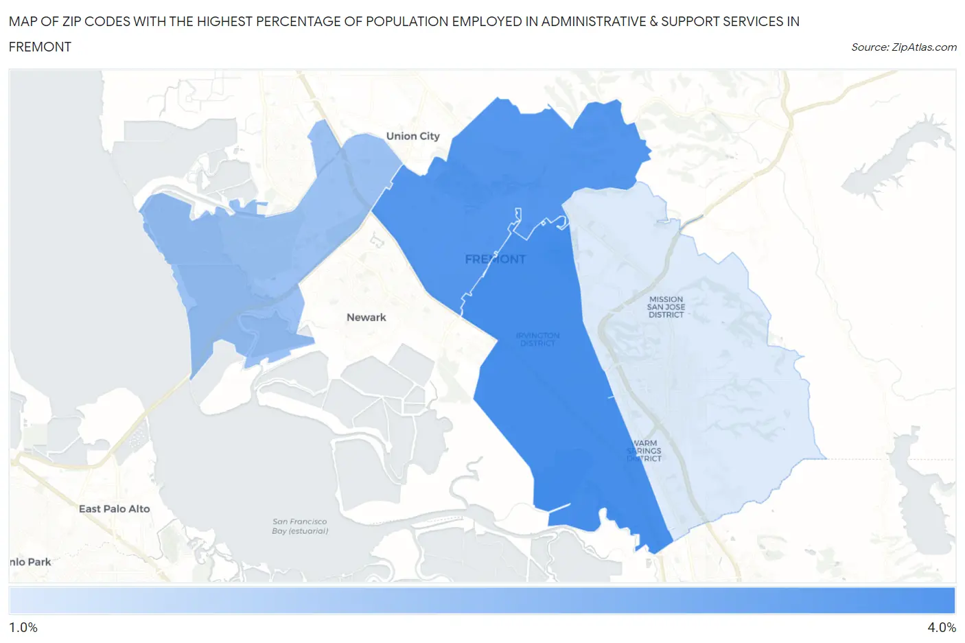 Zip Codes with the Highest Percentage of Population Employed in Administrative & Support Services in Fremont Map
