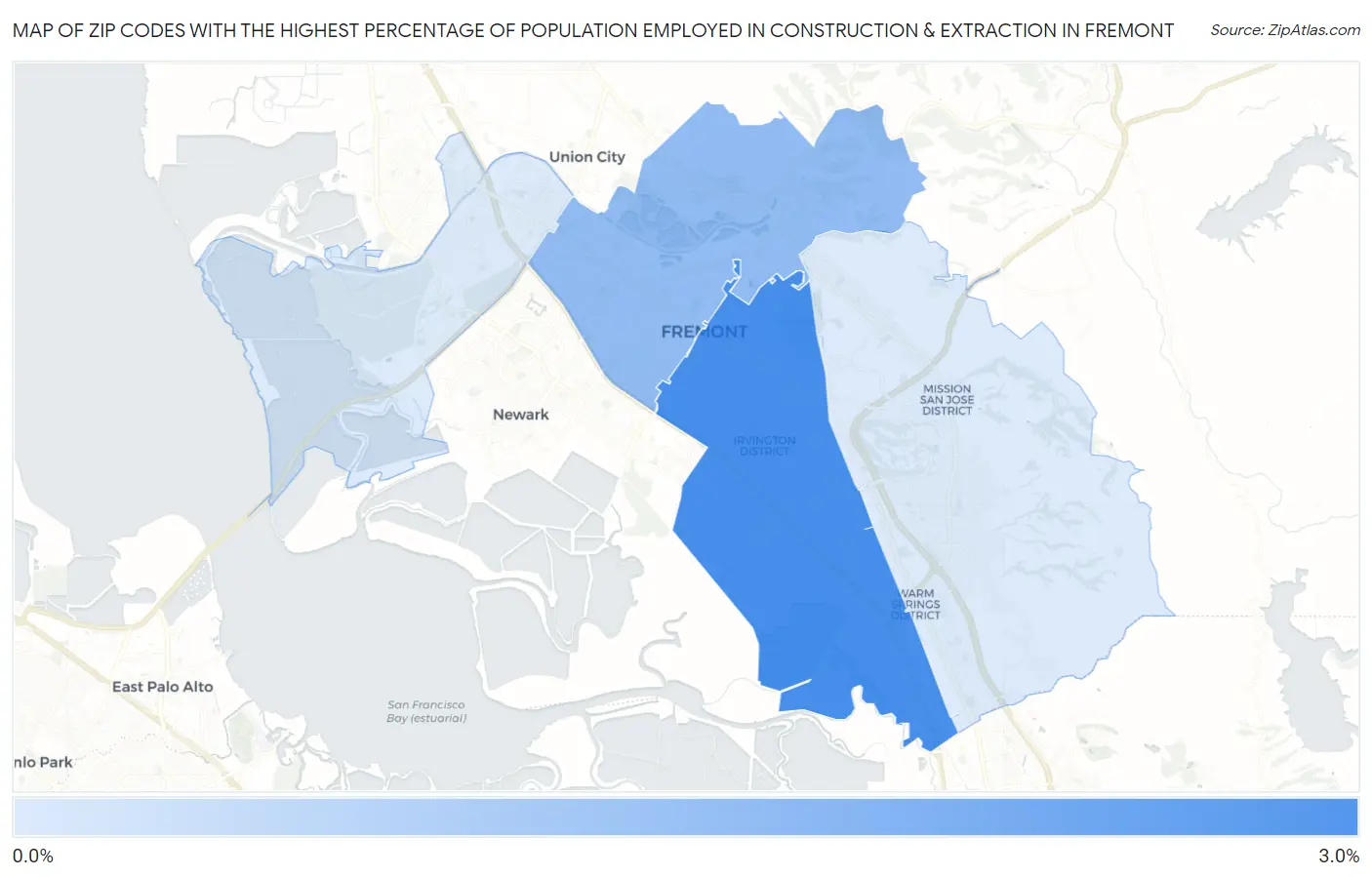 Zip Codes with the Highest Percentage of Population Employed in Construction & Extraction in Fremont Map