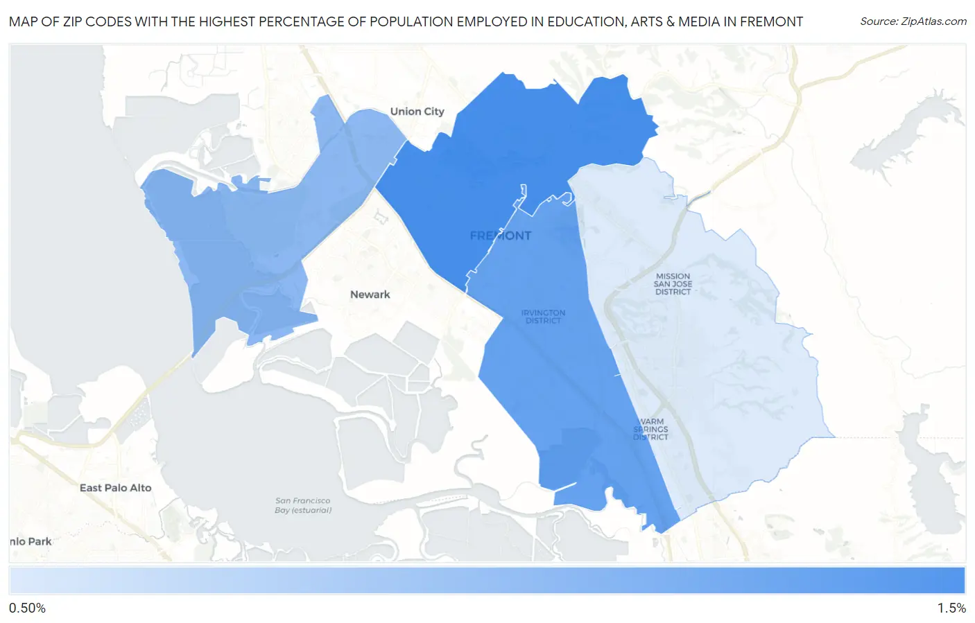 Zip Codes with the Highest Percentage of Population Employed in Education, Arts & Media in Fremont Map