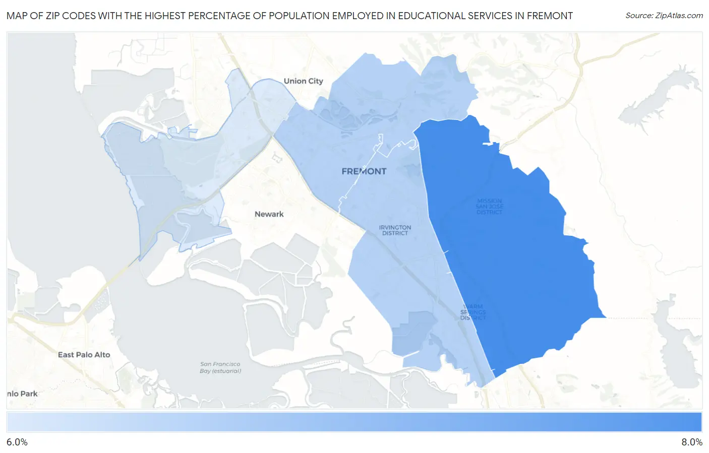 Zip Codes with the Highest Percentage of Population Employed in Educational Services in Fremont Map