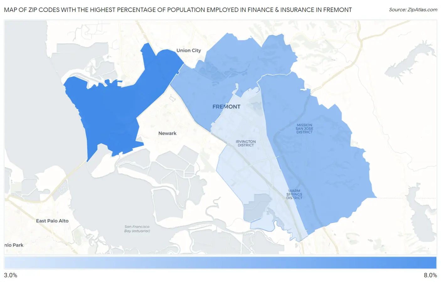 Zip Codes with the Highest Percentage of Population Employed in Finance & Insurance in Fremont Map
