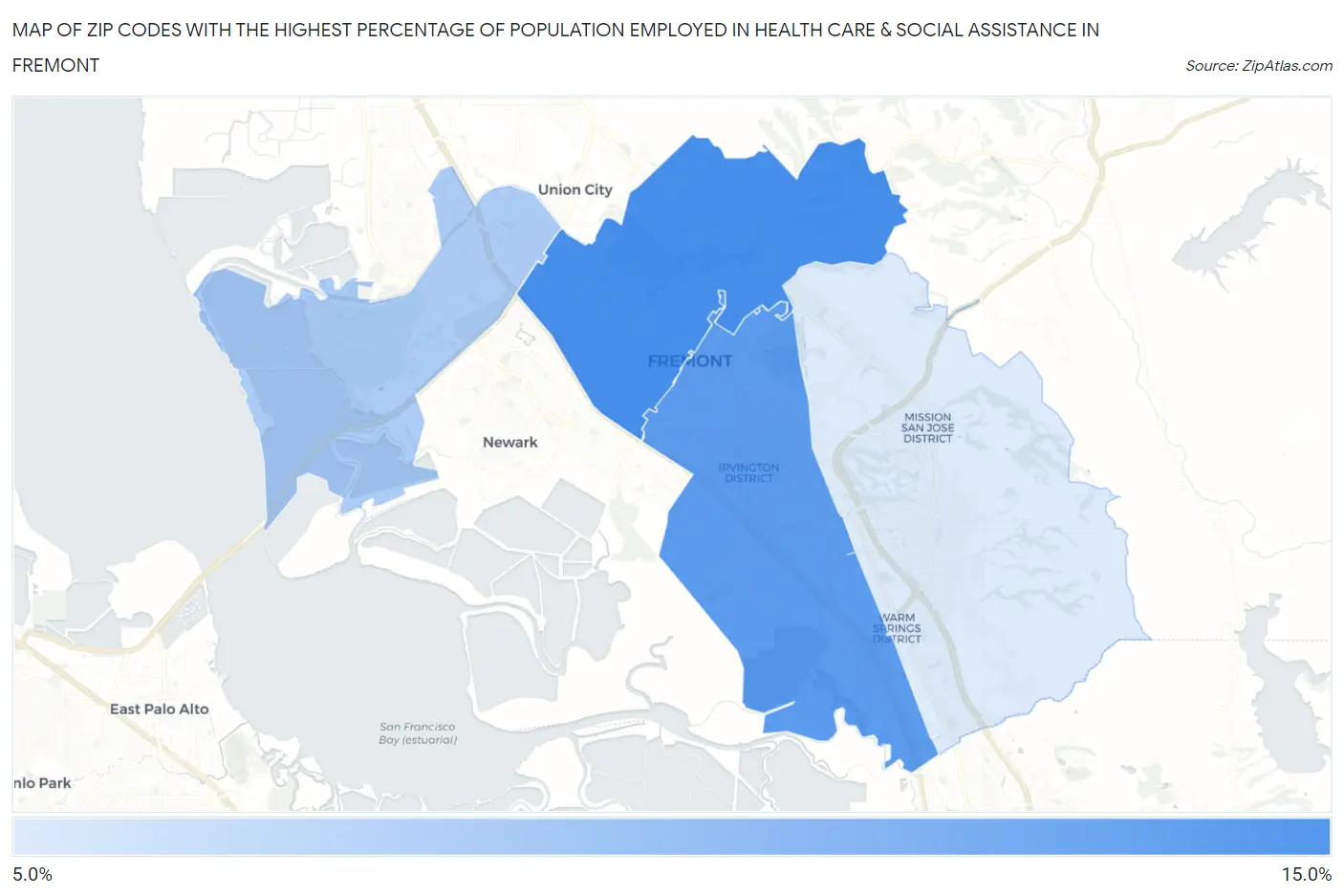 Zip Codes with the Highest Percentage of Population Employed in Health Care & Social Assistance in Fremont Map