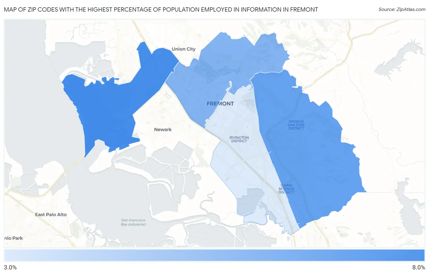 Zip Codes with the Highest Percentage of Population Employed in Information in Fremont Map