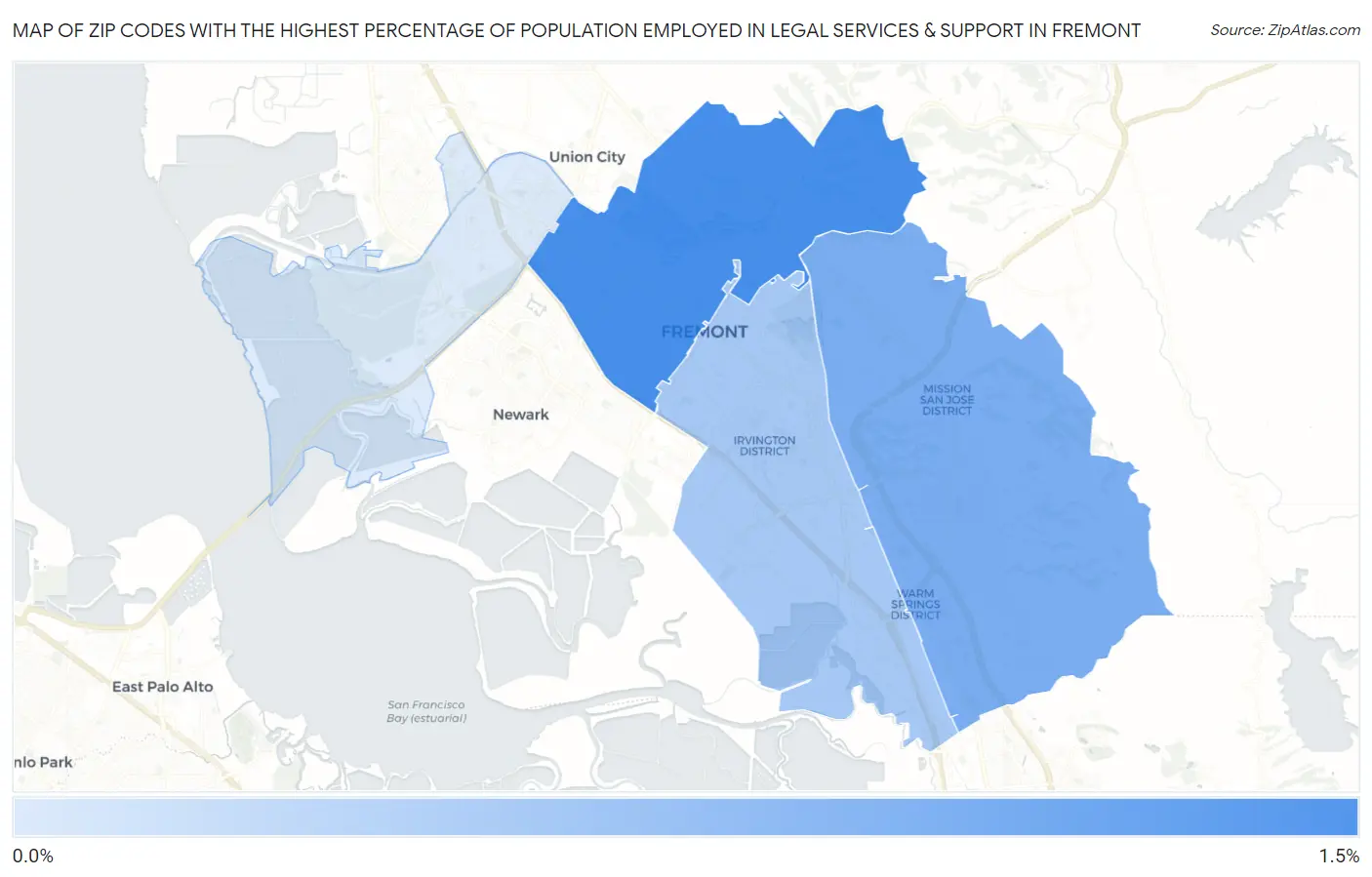 Zip Codes with the Highest Percentage of Population Employed in Legal Services & Support in Fremont Map