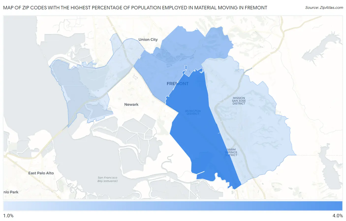 Zip Codes with the Highest Percentage of Population Employed in Material Moving in Fremont Map