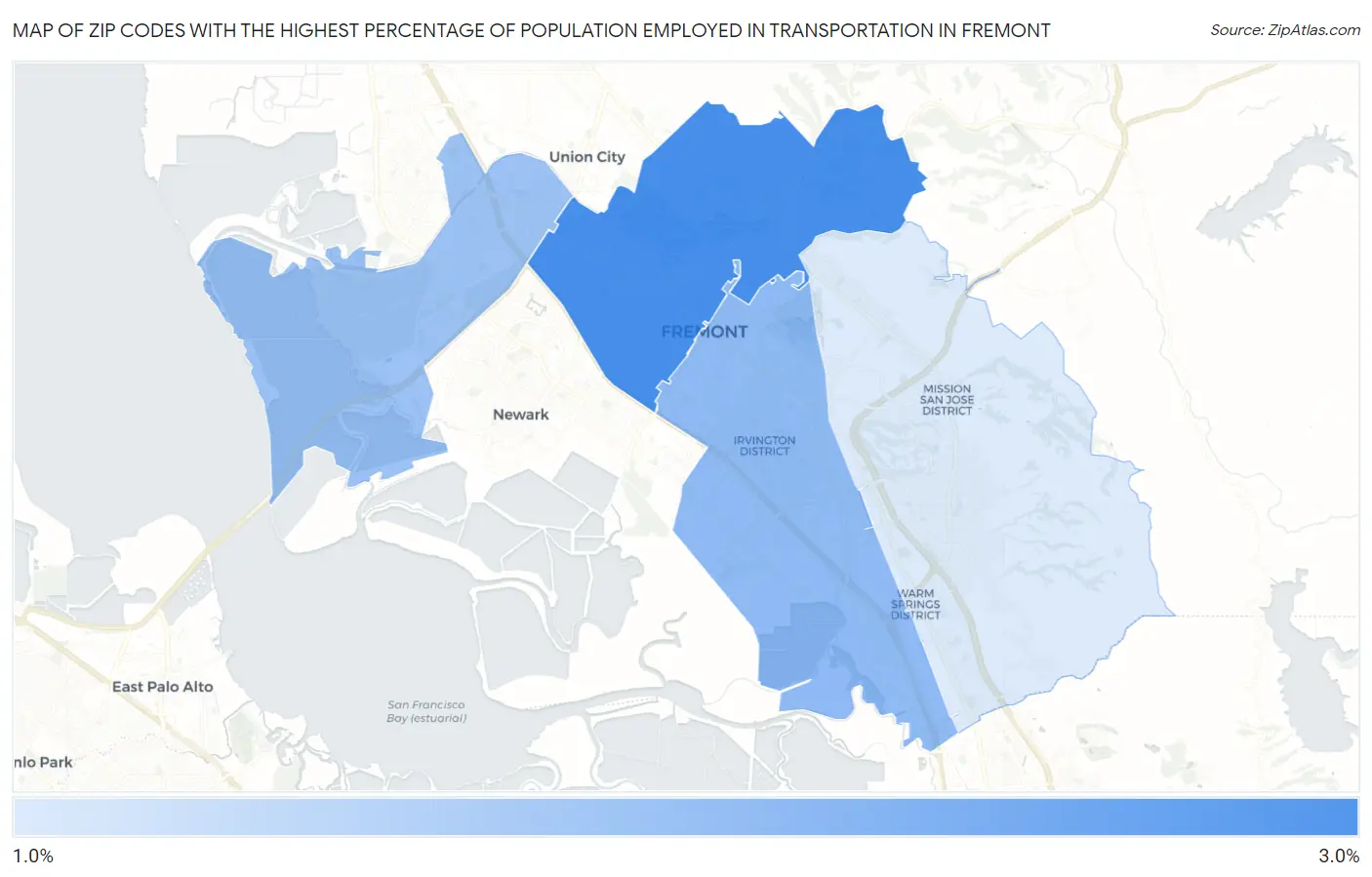 Zip Codes with the Highest Percentage of Population Employed in Transportation in Fremont Map