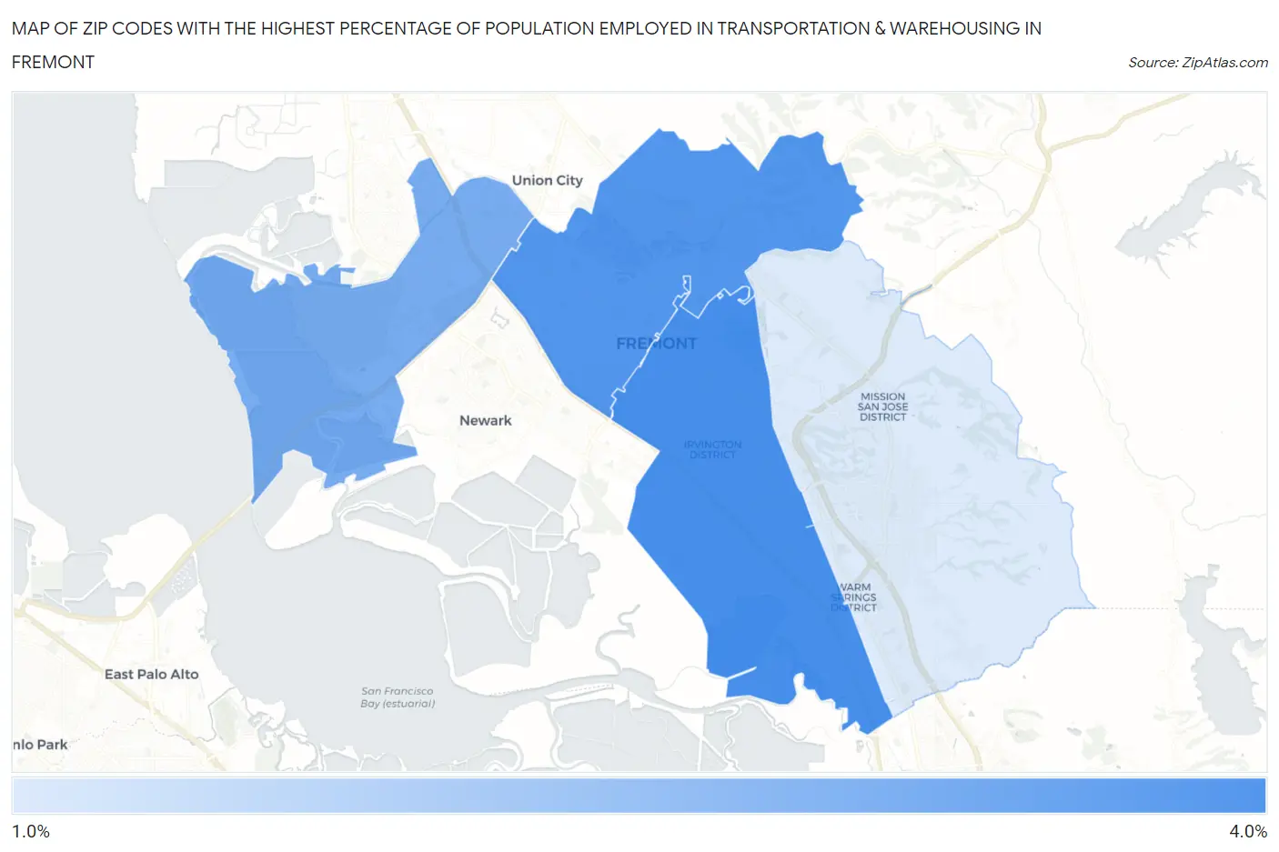 Zip Codes with the Highest Percentage of Population Employed in Transportation & Warehousing in Fremont Map