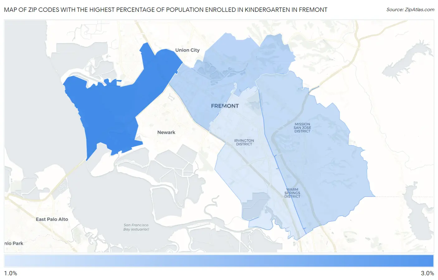 Zip Codes with the Highest Percentage of Population Enrolled in Kindergarten in Fremont Map