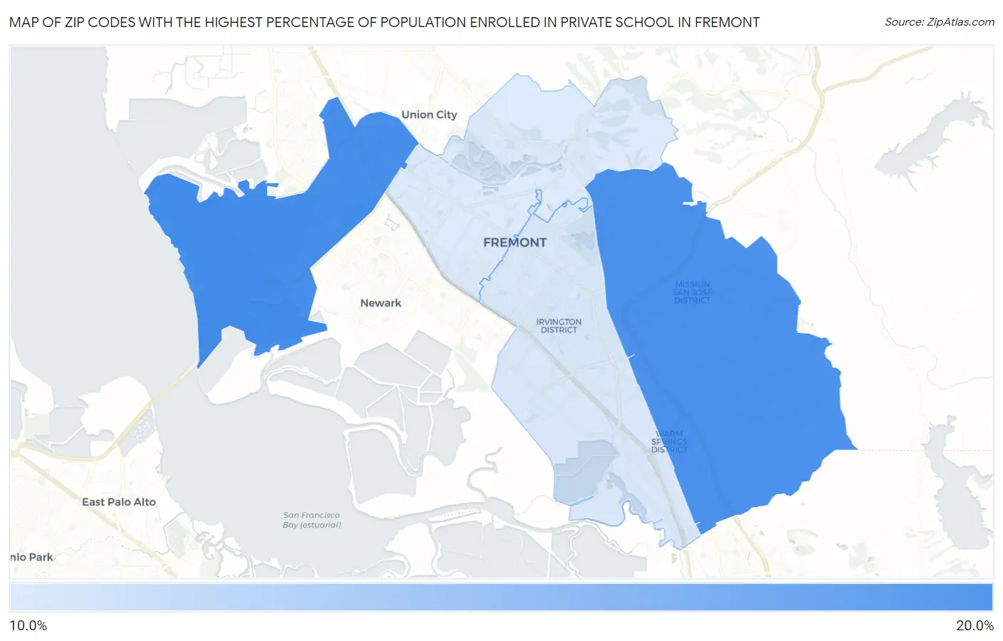 Zip Codes with the Highest Percentage of Population Enrolled in Private School in Fremont Map