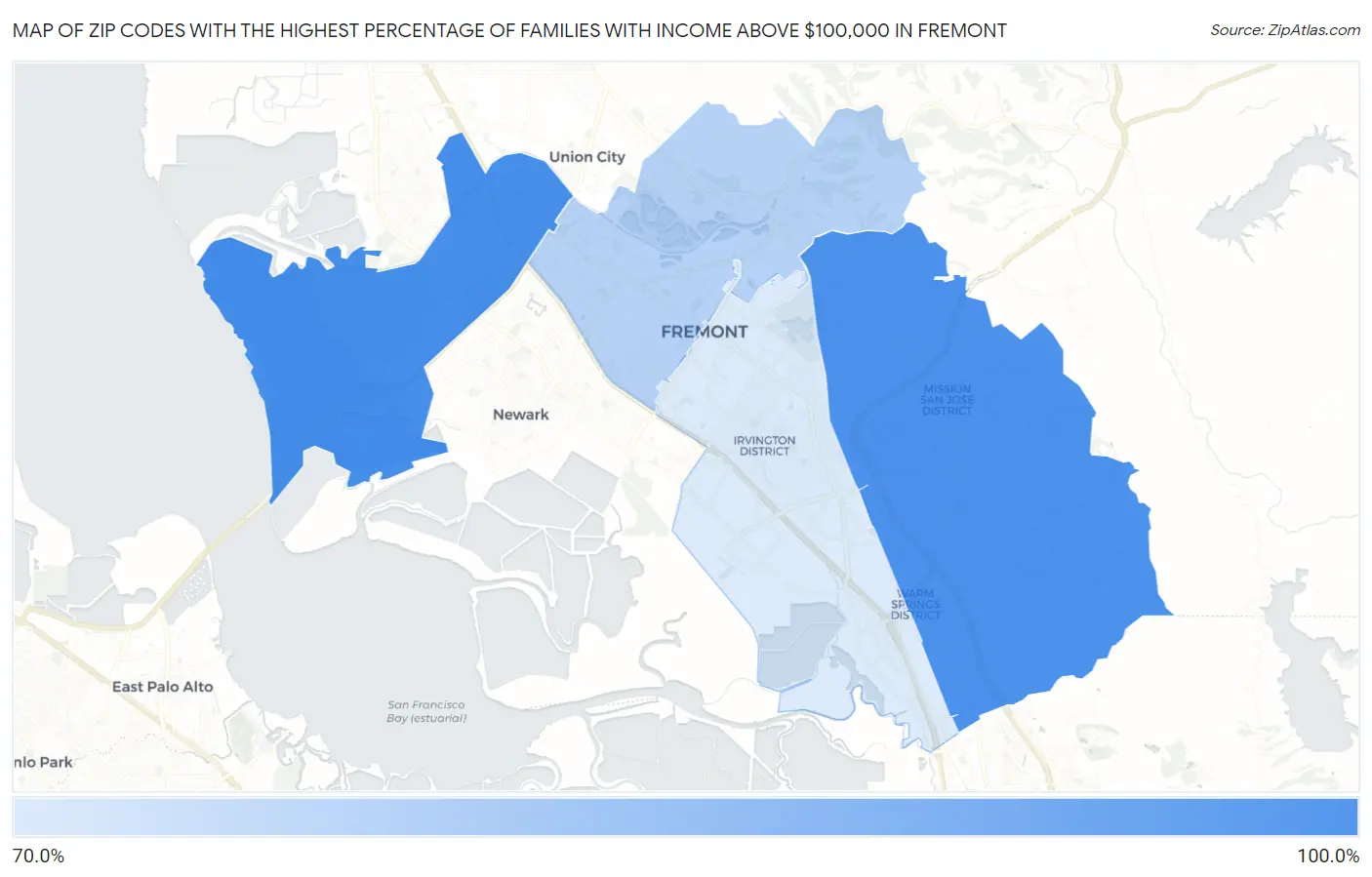 Zip Codes with the Highest Percentage of Families with Income Above $100,000 in Fremont Map