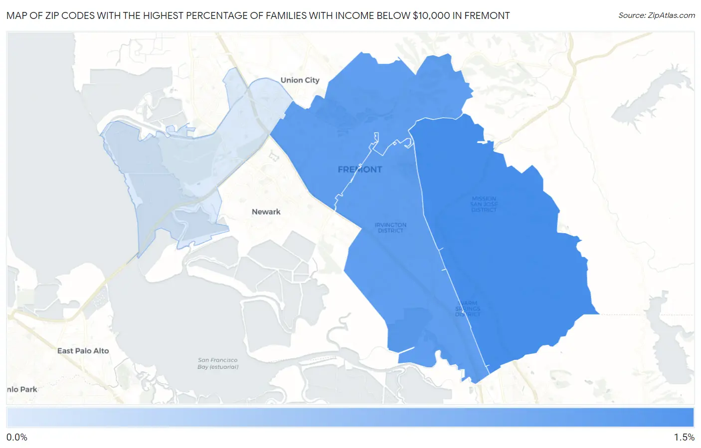 Zip Codes with the Highest Percentage of Families with Income Below $10,000 in Fremont Map