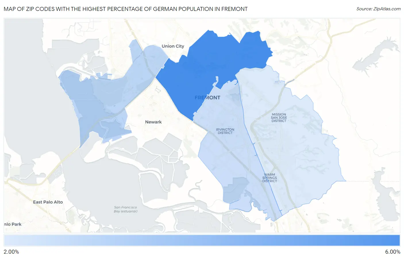 Zip Codes with the Highest Percentage of German Population in Fremont Map