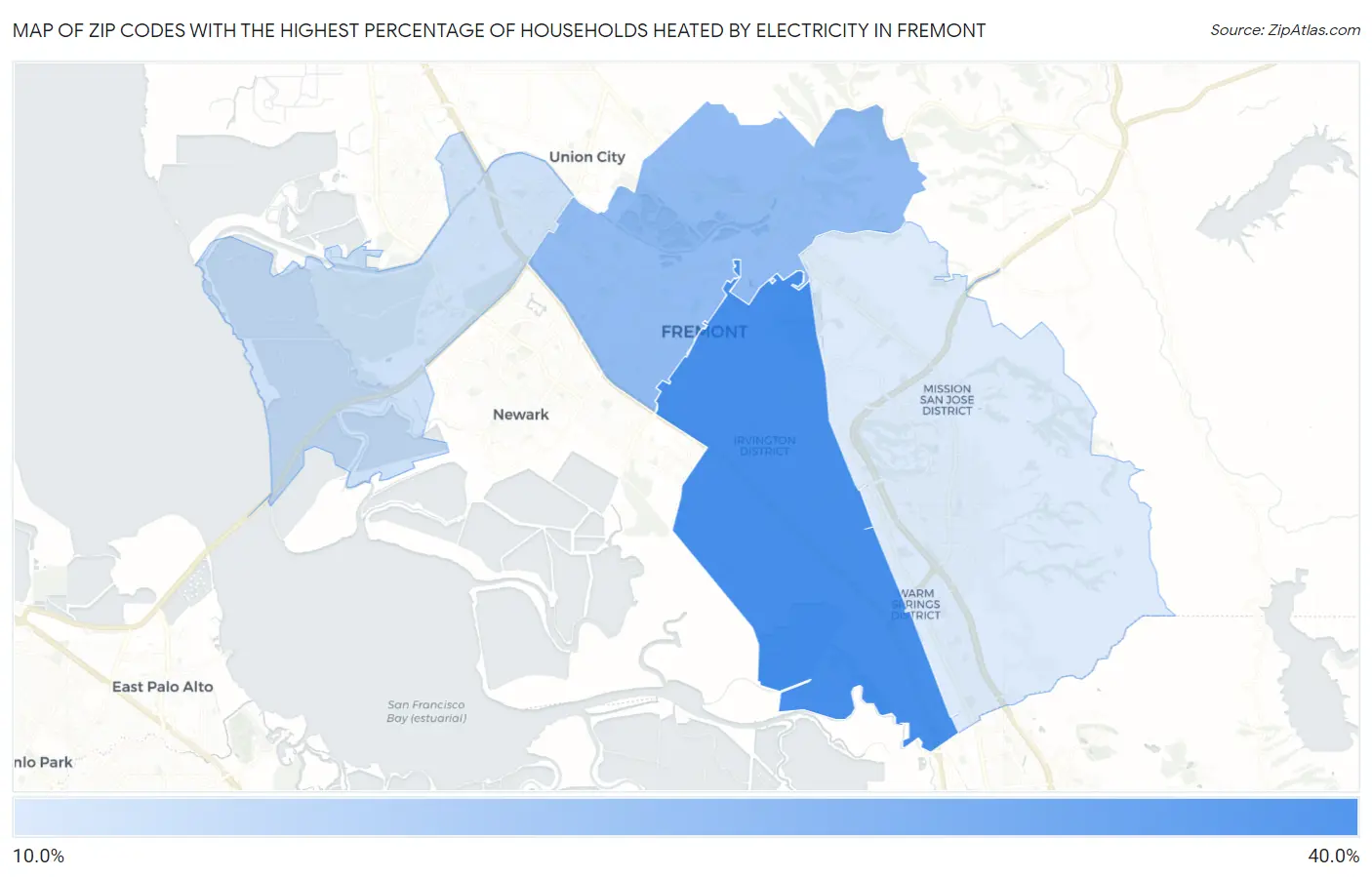 Zip Codes with the Highest Percentage of Households Heated by Electricity in Fremont Map
