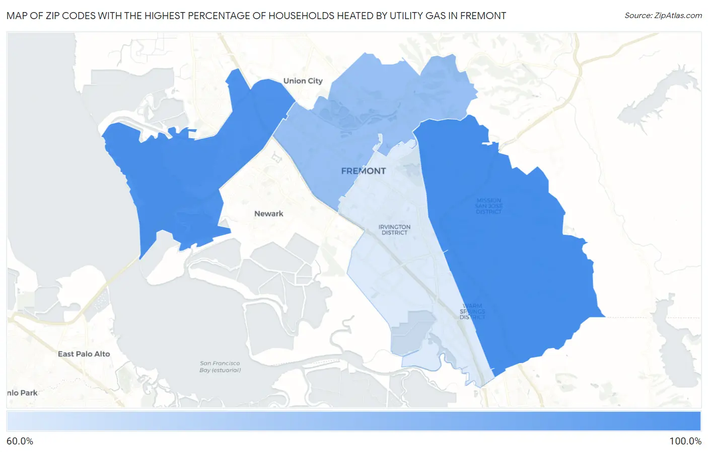 Zip Codes with the Highest Percentage of Households Heated by Utility Gas in Fremont Map